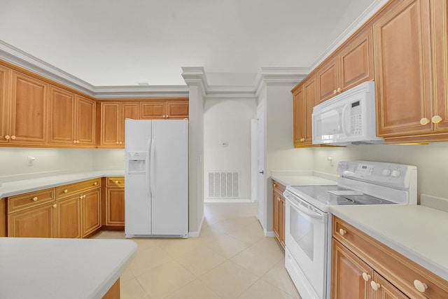 3601 SW Europe St, Port Saint Lucie, FL 34953 - kitchen with white appliances, light countertops, light tile patterned floors, ornamental molding, and brown cabinetry