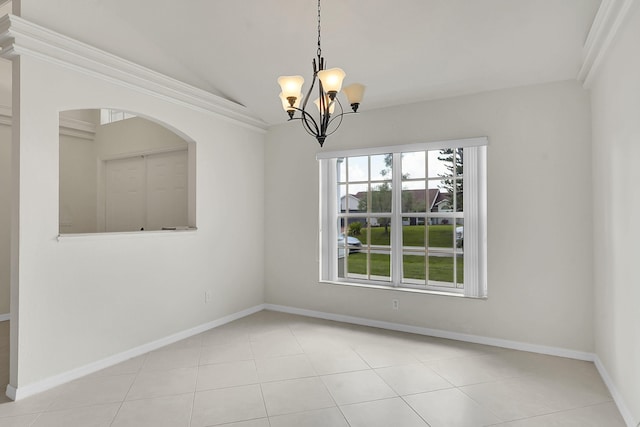 3601 SW Europe St, Port Saint Lucie, FL 34953 - empty room featuring lofted ceiling, a chandelier, and light tile patterned flooring