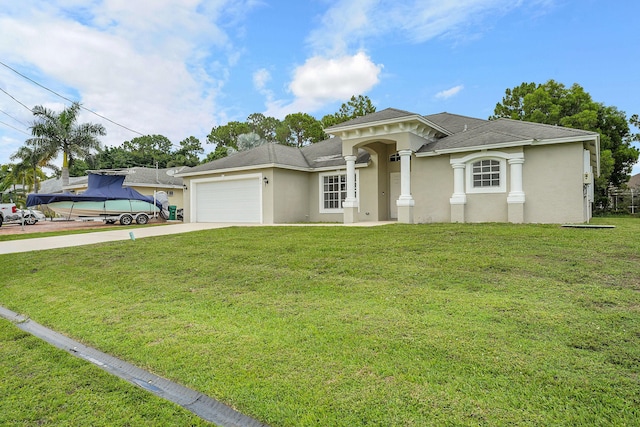 3601 SW Europe St, Port Saint Lucie, FL 34953 - view of front of house with stucco siding, driveway, an attached garage, a front yard, and roof with shingles