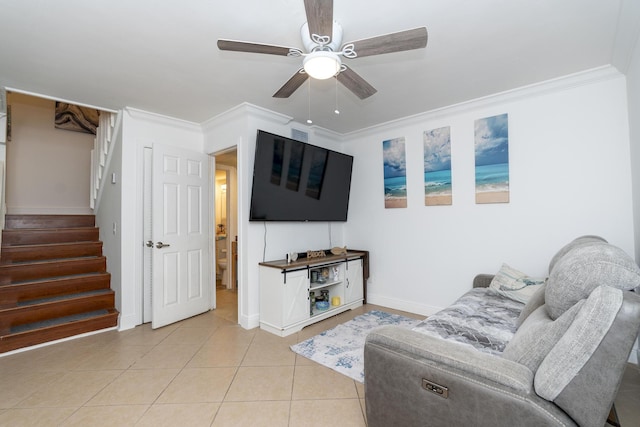 2140 White Pine Cir Unit A, Greenacres, FL 33415 - living room featuring ceiling fan, stairway, crown molding, and light tile patterned floors