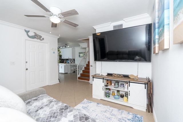 2140 White Pine Cir Unit A, Greenacres, FL 33415 - living room with ornamental molding, light tile patterned flooring, ceiling fan, and stairs