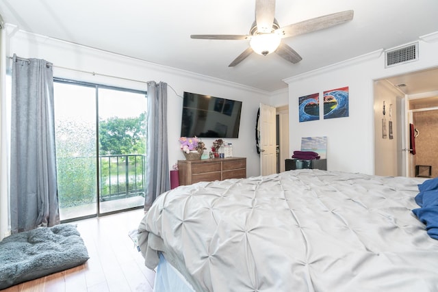 2140 White Pine Cir Unit A, Greenacres, FL 33415 - bedroom with access to exterior, crown molding, wood finished floors, and a ceiling fan