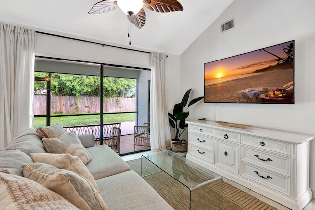 5914 SE Mitzi Ln, Stuart, FL 34997 - living room with lofted ceiling and ceiling fan