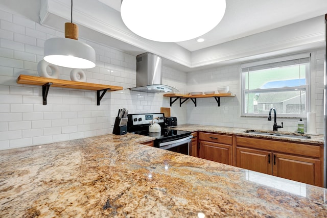 5914 SE Mitzi Ln, Stuart, FL 34997 - kitchen with open shelves, stainless steel electric stove, ventilation hood, and brown cabinetry
