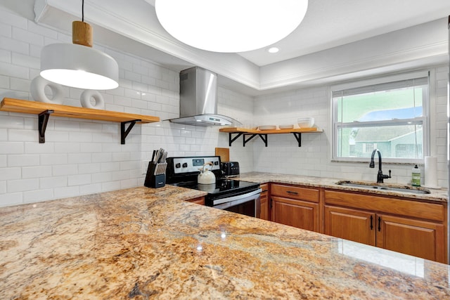 5914 SE Mitzi Ln, Stuart, FL 34997 - kitchen featuring open shelves, wall chimney range hood, electric stove, and backsplash