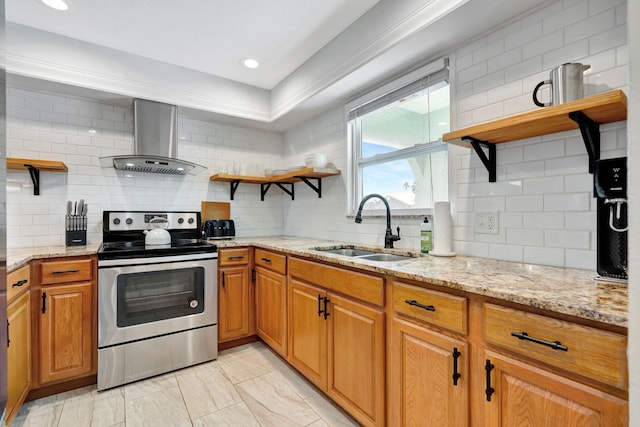 5914 SE Mitzi Ln, Stuart, FL 34997 - kitchen with open shelves, stainless steel electric stove, island exhaust hood, decorative backsplash, and recessed lighting