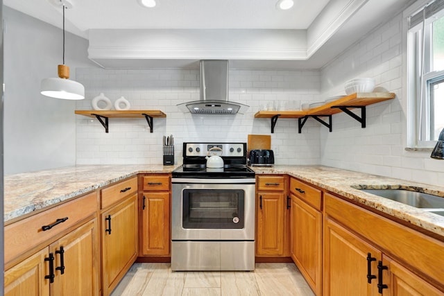 5914 SE Mitzi Ln, Stuart, FL 34997 - kitchen with open shelves, stainless steel electric range oven, island exhaust hood, light stone counters, and recessed lighting