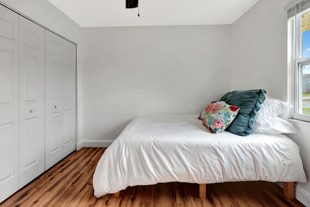 5914 SE Mitzi Ln, Stuart, FL 34997 - bedroom with wood finished floors, a closet, and ceiling fan