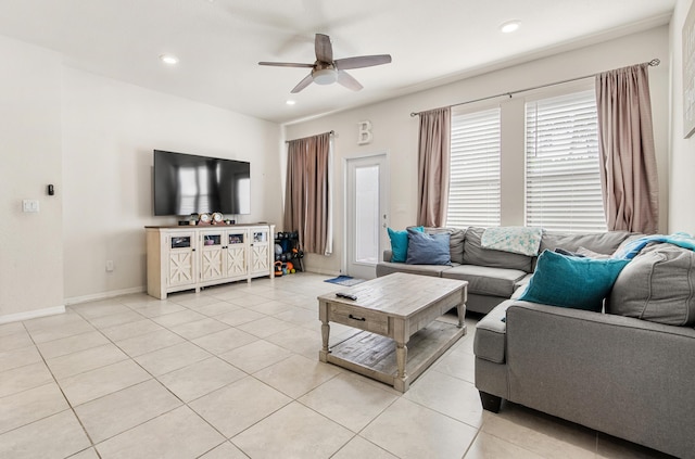 2418 Post St, Palm Springs, FL 33406 - living room with ceiling fan, light tile patterned floors, and recessed lighting