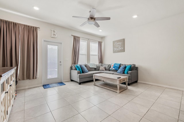 2418 Post St, Palm Springs, FL 33406 - living room featuring ceiling fan, light tile patterned flooring, and recessed lighting