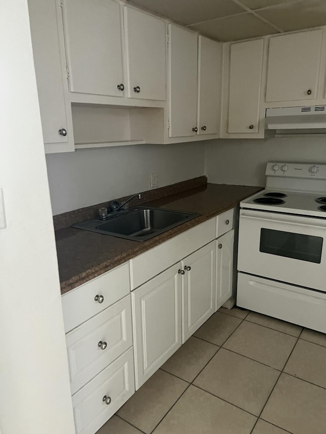 1300 NW 43rd Ter Unit 104, Lauderhill, FL 33313 - kitchen with white range with electric stovetop, exhaust hood, dark countertops, and light tile patterned floors