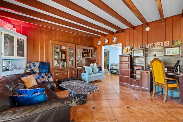 1802 Lake Osborne Dr, Lake Worth Beach, FL 33461 - living room featuring wooden walls, beam ceiling, and light tile patterned flooring