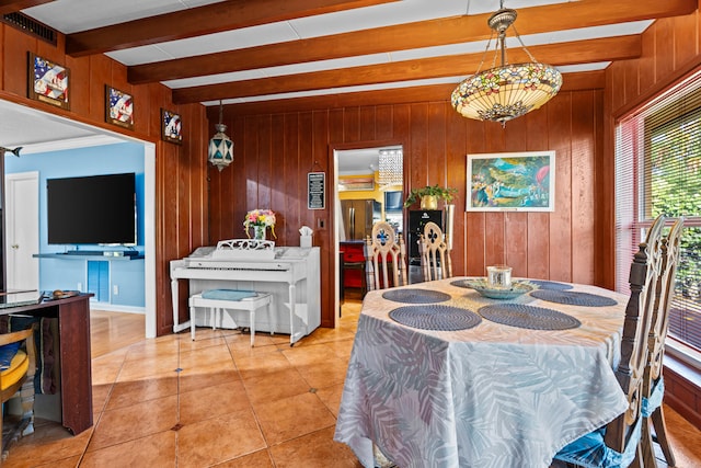 1802 Lake Osborne Dr, Lake Worth Beach, FL 33461 - dining room with wooden walls, beamed ceiling, and tile patterned floors