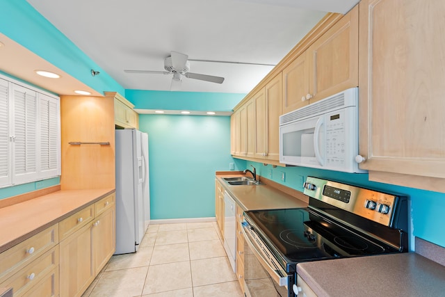 300 Ocean Trail Way Unit 102, Jupiter, FL 33477 - kitchen featuring white appliances, light brown cabinets, a ceiling fan, light tile patterned floors, and recessed lighting