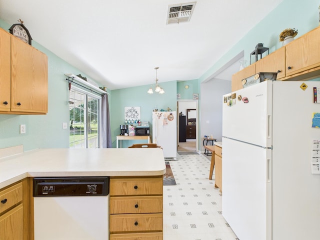 7281 NW 90th Ct, Okeechobee, FL 34972 - kitchen with white appliances, a peninsula, light flooring, light countertops, and a chandelier