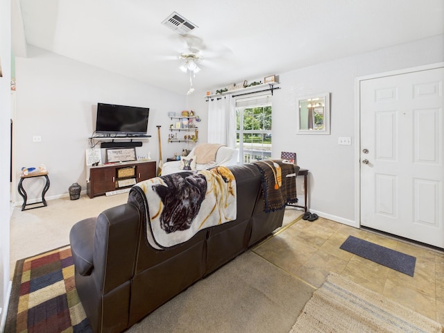 7281 NW 90th Ct, Okeechobee, FL 34972 - living room featuring a ceiling fan and lofted ceiling