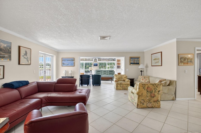 11814 N Lake Dr, Boynton Beach, FL 33436 - living room featuring a textured ceiling, light tile patterned flooring, and crown molding