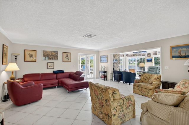 11814 N Lake Dr, Boynton Beach, FL 33436 - living room featuring light tile patterned floors, crown molding, and a textured ceiling