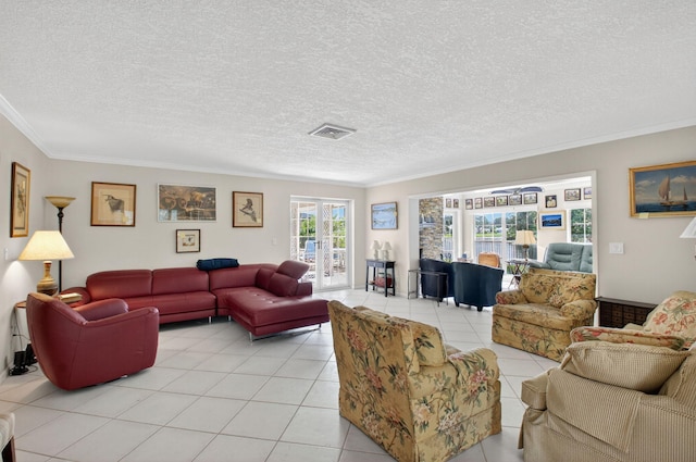 11814 N Lake Dr, Boynton Beach, FL 33436 - living area with light tile patterned floors, crown molding, and a textured ceiling