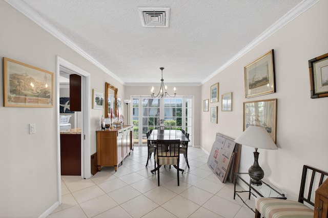 11814 N Lake Dr, Boynton Beach, FL 33436 - dining room with a chandelier, crown molding, a textured ceiling, and light tile patterned flooring