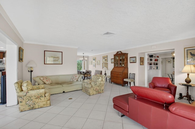 11814 N Lake Dr, Boynton Beach, FL 33436 - living room featuring crown molding, a chandelier, light tile patterned flooring, and a textured ceiling