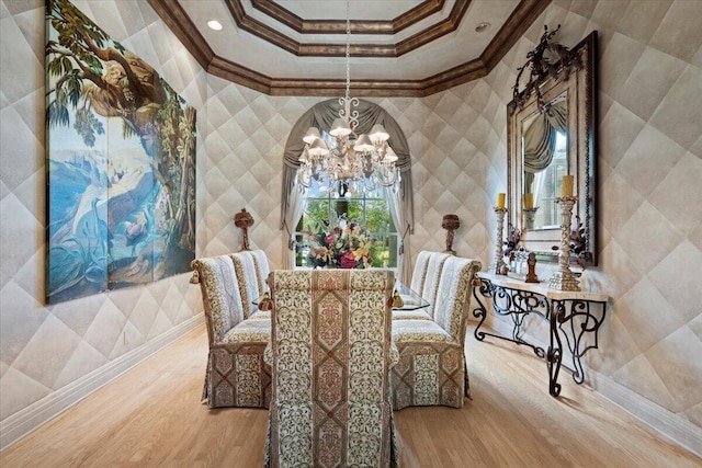 8571 Egret Lakes Ln, West Palm Beach, FL 33412 - dining area with a chandelier, ornamental molding, wood finished floors, recessed lighting, and a tray ceiling