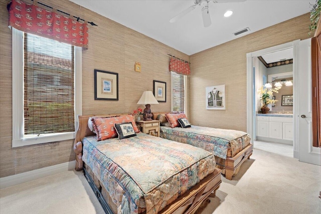 8571 Egret Lakes Ln, West Palm Beach, FL 33412 - bedroom featuring light colored carpet, multiple windows, wallpapered walls, and a ceiling fan
