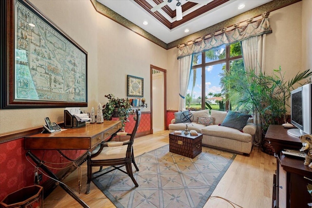 8571 Egret Lakes Ln, West Palm Beach, FL 33412 - office area featuring light wood-type flooring, a high ceiling, and recessed lighting