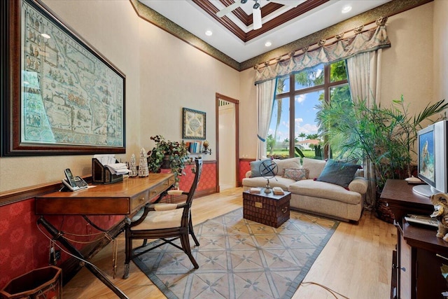 8571 Egret Lakes Ln, West Palm Beach, FL 33412 - office with a towering ceiling, light wood finished floors, and recessed lighting