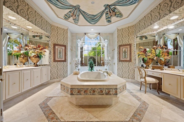 8571 Egret Lakes Ln, West Palm Beach, FL 33412 - bathroom featuring inlaid floor details, wallpapered walls, two vanities, a bath, and crown molding