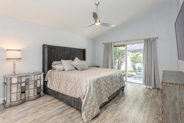 10 Hampton Ct, Palm Beach Gardens, FL 33418 - bedroom with access to outside, wood finished floors, high vaulted ceiling, and ceiling fan