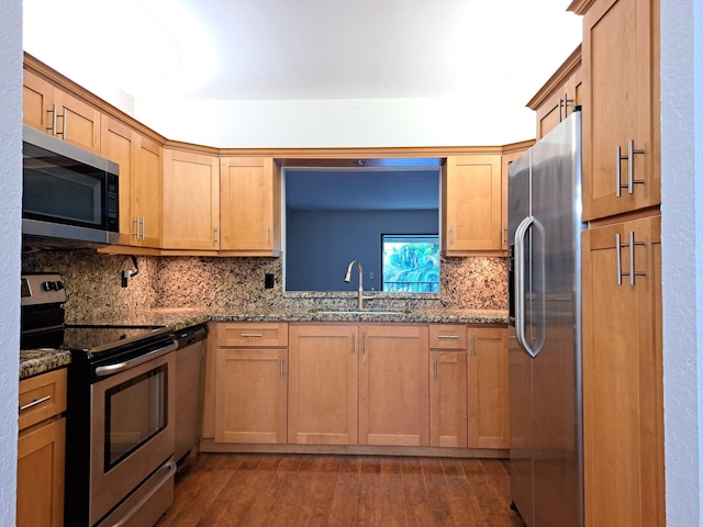 22415 SW 61st Way Unit 204, Boca Raton, FL 33428 - kitchen featuring stainless steel appliances, backsplash, dark wood-style floors, and stone counters
