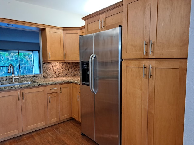 22415 SW 61st Way Unit 204, Boca Raton, FL 33428 - kitchen featuring stainless steel fridge with ice dispenser, dark wood-type flooring, dark stone counters, and backsplash