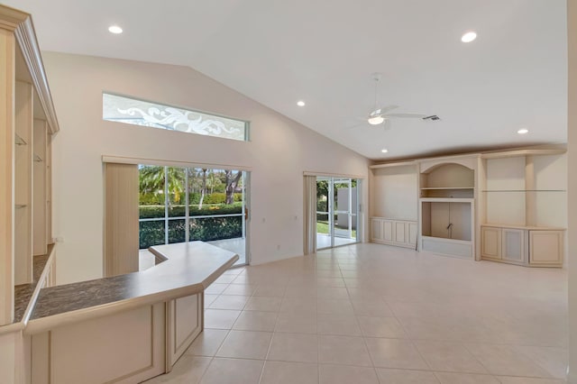 6661 Sherbrook Dr, Boynton Beach, FL 33437 - unfurnished living room featuring ceiling fan, high vaulted ceiling, light tile patterned floors, and recessed lighting