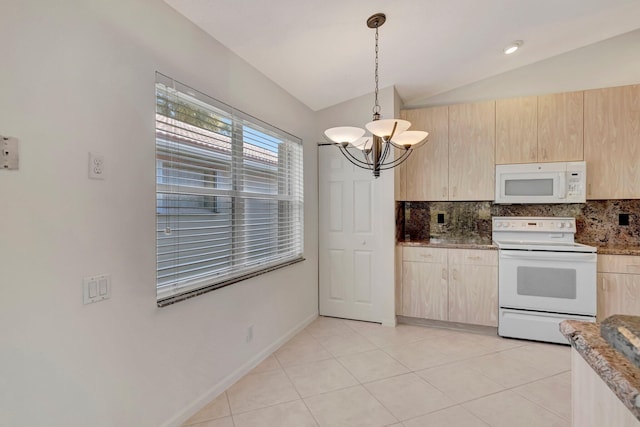 6661 Sherbrook Dr, Boynton Beach, FL 33437 - kitchen featuring white appliances, light brown cabinetry, vaulted ceiling, decorative backsplash, and a chandelier