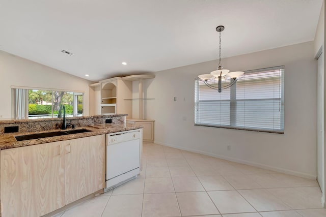 6661 Sherbrook Dr, Boynton Beach, FL 33437 - kitchen featuring dishwasher, a chandelier, light brown cabinetry, hanging light fixtures, and light stone countertops
