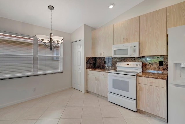 6661 Sherbrook Dr, Boynton Beach, FL 33437 - kitchen featuring white appliances, vaulted ceiling, light brown cabinets, decorative backsplash, and dark stone countertops