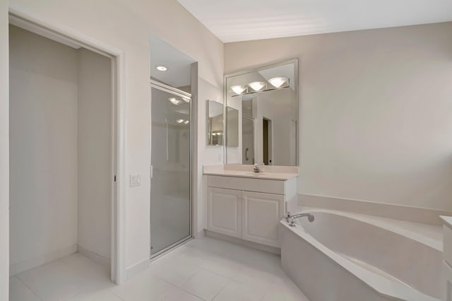 6661 Sherbrook Dr, Boynton Beach, FL 33437 - bathroom featuring vanity, a stall shower, tile patterned floors, and a bath