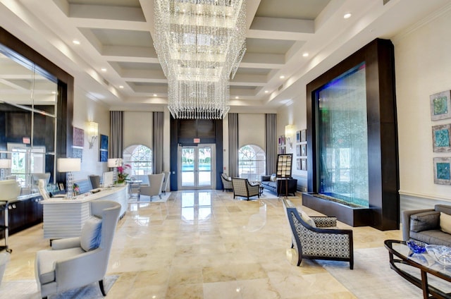 6661 Sherbrook Dr, Boynton Beach, FL 33437 - building lobby featuring coffered ceiling and a towering ceiling