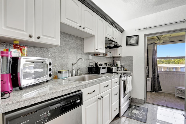 461 NW 76th Ave Unit 205, Margate, FL 33063 - kitchen featuring stainless steel appliances, decorative backsplash, under cabinet range hood, and white cabinets