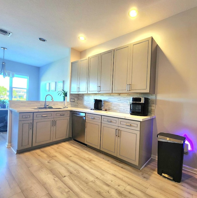 2247 SW Cape Cod Dr, Port Saint Lucie, FL 34953 - kitchen featuring stainless steel dishwasher, gray cabinets, a peninsula, light wood finished floors, and light countertops