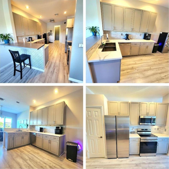 2247 SW Cape Cod Dr, Port Saint Lucie, FL 34953 - kitchen featuring appliances with stainless steel finishes, gray cabinetry, a peninsula, backsplash, and recessed lighting
