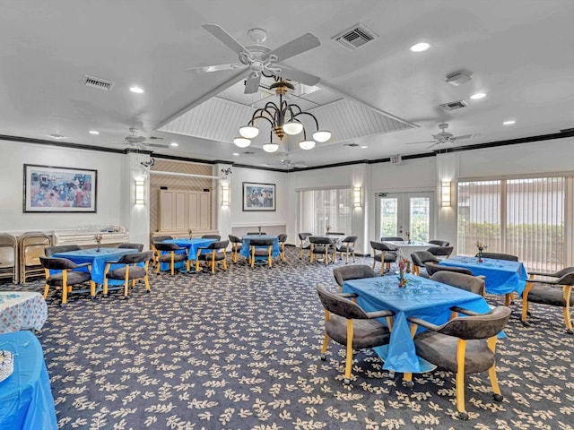9199 Pecky Cypress Ln Unit 7H, Boca Raton, FL 33428 - carpeted dining area featuring a ceiling fan, crown molding, and recessed lighting