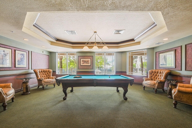 120 Ocean Grande Blvd Unit 302, Jupiter, FL 33477 - playroom with a raised ceiling, a textured ceiling, carpet, pool table, and ornamental molding