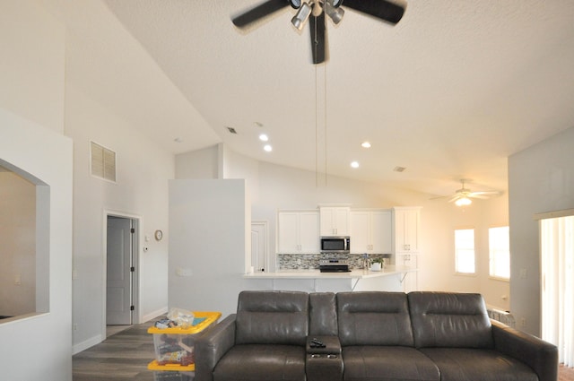 6771 NW Daffodil Ln, Port Saint Lucie, FL 34983 - living area featuring ceiling fan, dark wood-style flooring, vaulted ceiling, recessed lighting, and arched walkways
