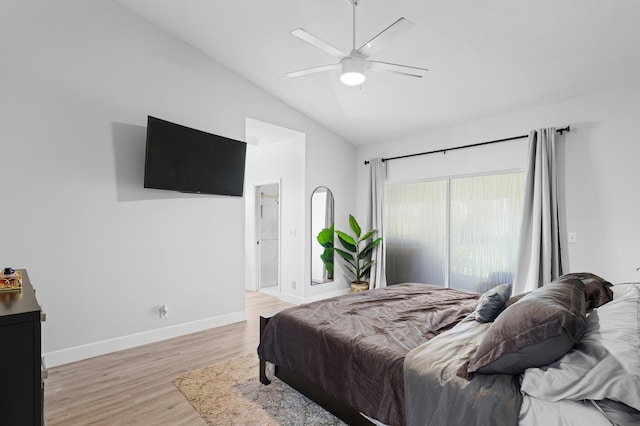 5160 Sabal Gardens Ln Unit 1, Boca Raton, FL 33487 - bedroom with vaulted ceiling, light wood-style flooring, a ceiling fan, access to exterior, and connected bathroom
