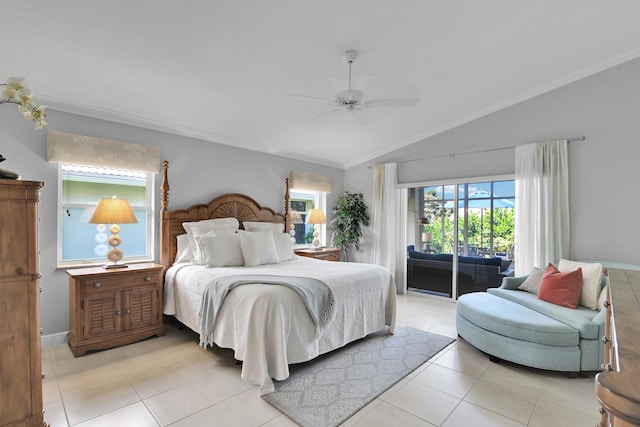 12388 Lakeridge Falls Dr, Boynton Beach, FL 33437 - bedroom featuring access to outside, lofted ceiling, ornamental molding, light tile patterned floors, and a ceiling fan