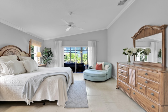 12388 Lakeridge Falls Dr, Boynton Beach, FL 33437 - bedroom featuring vaulted ceiling, crown molding, light tile patterned flooring, and a ceiling fan