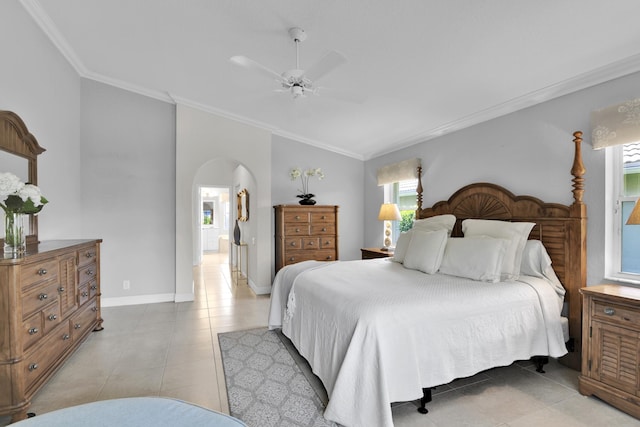 12388 Lakeridge Falls Dr, Boynton Beach, FL 33437 - bedroom with arched walkways, lofted ceiling, ornamental molding, a ceiling fan, and light tile patterned floors