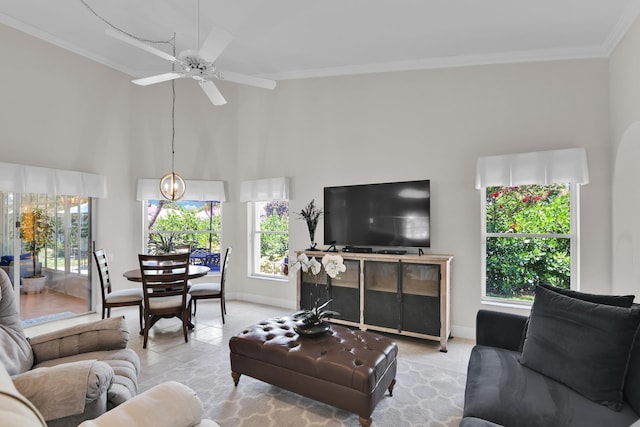 12388 Lakeridge Falls Dr, Boynton Beach, FL 33437 - living room with ornamental molding, a high ceiling, ceiling fan, and tile patterned flooring